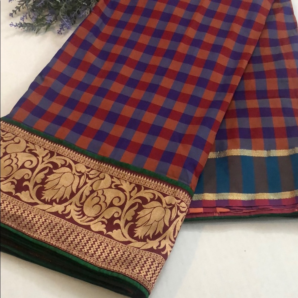 Checkered Print Silk Saree with Border